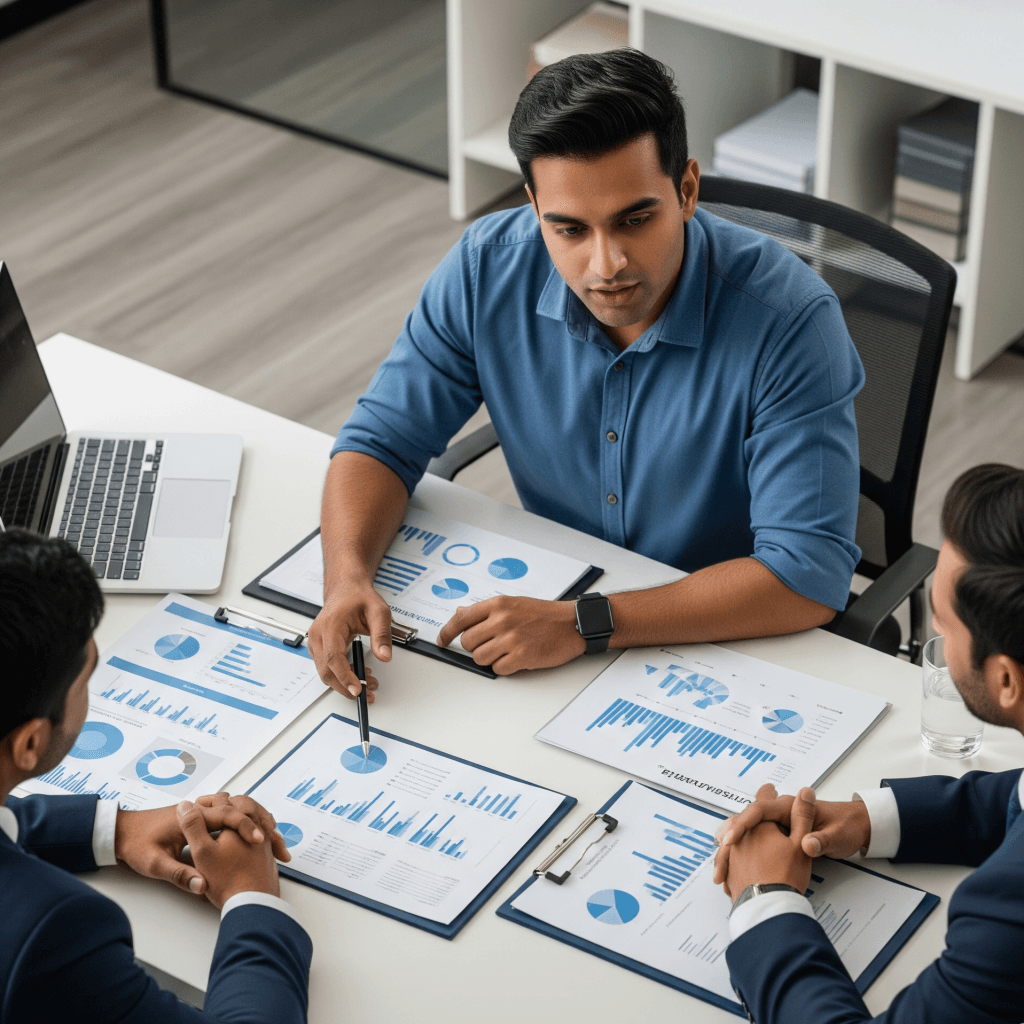 Team reviewing financial charts